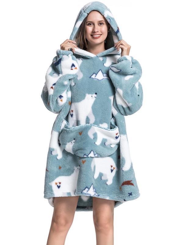 Women's Print Drop Shoulder Hooded Flannel Robe, Casual Long Sleeve Pocket Design Halloween Hooded Robe, Ladies Fall & Winter Sleepwear