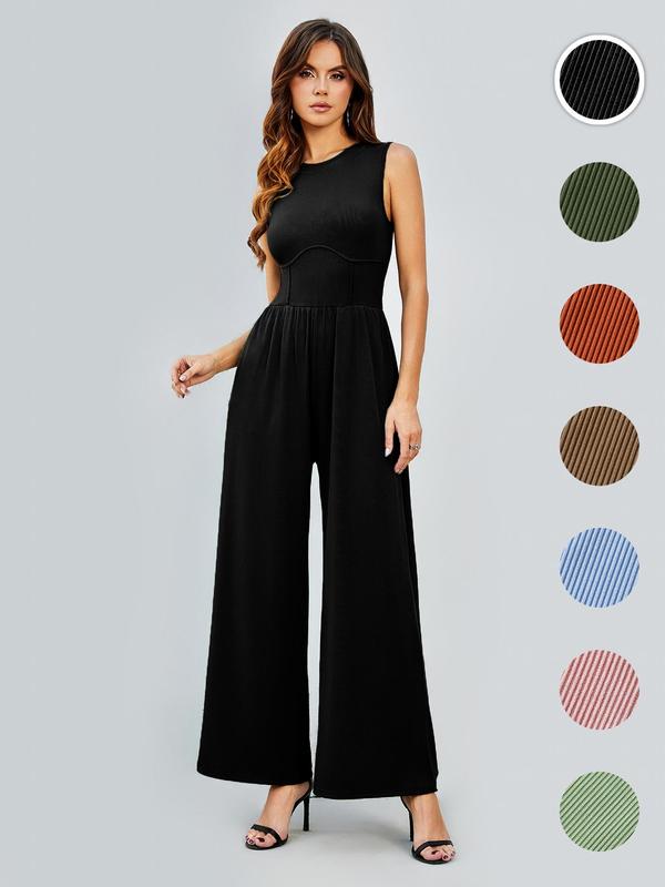 Women's Wide Leg Body Jumpsuit, Summer Clothes, Chic Elegant Trendy Sleeveless Crewneck Formal Elegant Jumpsuit for Women, Lady One-piece Bodysuit Jumpsuit Christmas