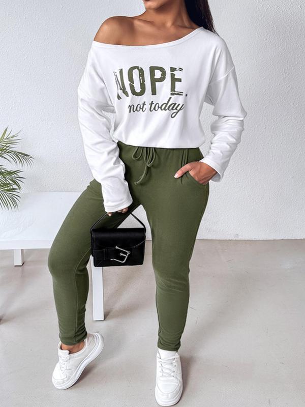  Letter Print Drop Shoulder Tee & Drawstring Waist Pants Two-Piece Set, Casual Fashion Cozy Long Sleeve Boat Neck Top & Pocket Trousers for Daily Outdoor Wear, Women's Clothing for Fall