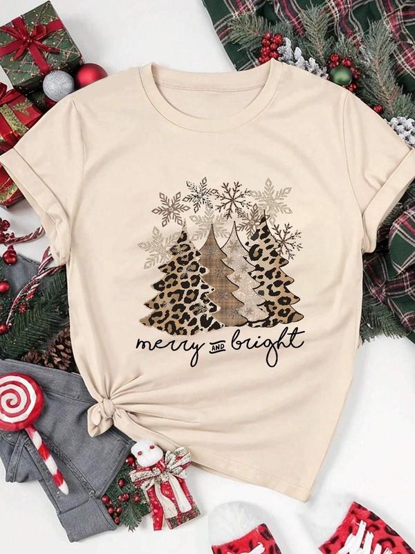 Women's Christmas Tree & Letter & Snowflakes Print Round Neck Tee, Casual Short Sleeve Crew Neck T-Shirt for Daily Wear, Ladies Clothes for All Seasons