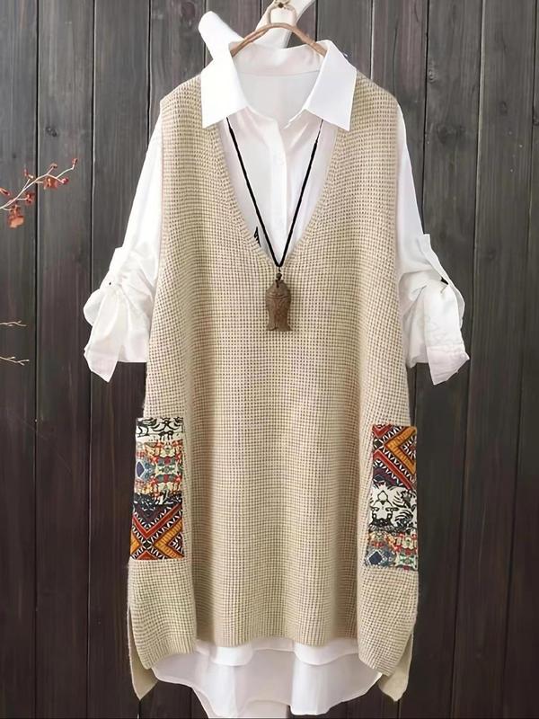 Women's Ethnic Pattern Patchwork V Neck Sweater Vest, Boho Sleeveless Asymmetrical Hem Knitwear Top for Fall & Winter, Women's Knit Clothing for Daily Wear