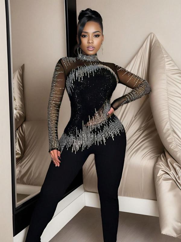 Women's Rhinestone Decor Contrast Mesh Sheer Jumpsuit, High Neck Long Sleeve Jumpsuit for Party Club Dating, Ladies Fall & Winter Clothes