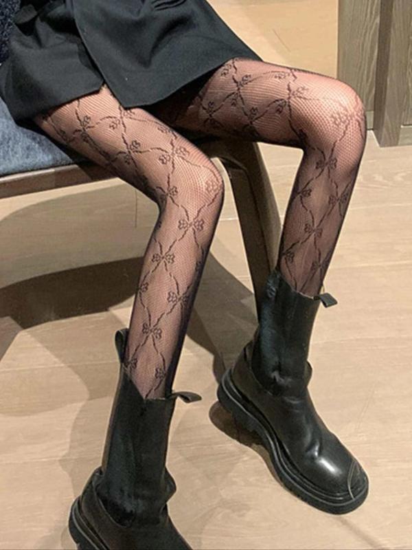 Women's 1 Pair Bow Print Fishnet Tights, Breathable Comfortable High Stretch Pantyhose for Daily Wear, Ladies Summer Clothes