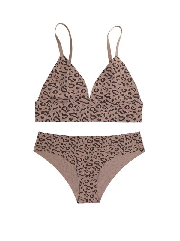 Women's 2pcs Leopard Print Push Up Bra & Panty Set, Seamless Wireless Bralette & High Waist Knicker, Soft Comfy Lingerie Set For Women