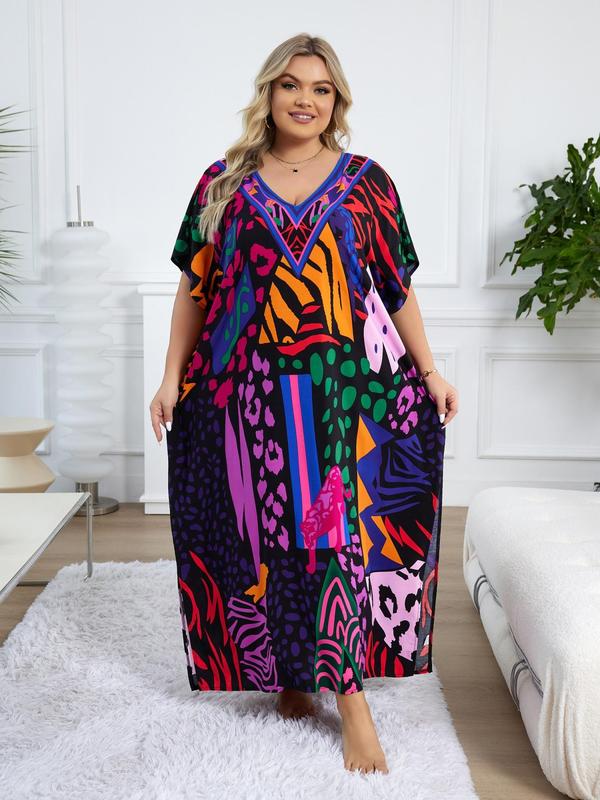  Ethnic Pattern Batwing Sleeve Kaftan Dress, Casual Boho V Neck Split Hem Dress, Dress in Club, Dresses for Women, Summer Dresses 2024, Summer Outfits 2024, Lady Swimwear for Summer Beach Vacation Black Girl Outfits Moo Moo Dresses