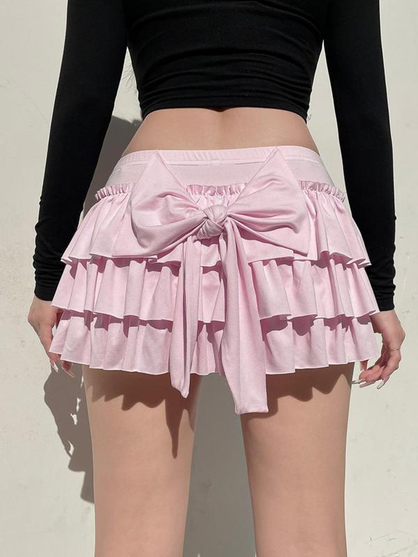 Women's Bow Decor Tiered Layer Hem Skirt, Casual Frill Trim A Line Mini Skirt, Ladies Summer Bottoms