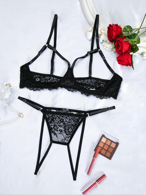  Cut Out Sheer Lace Sexy Lingerie Set, Romantic Scallop Trim Bra & Open Crotch Thong Set, Women's Lingerie & Underwear Set for All Seasons