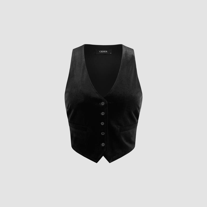 Cider [size 2-26] Velvet V-neck Solid Button Crop Jacket Vest