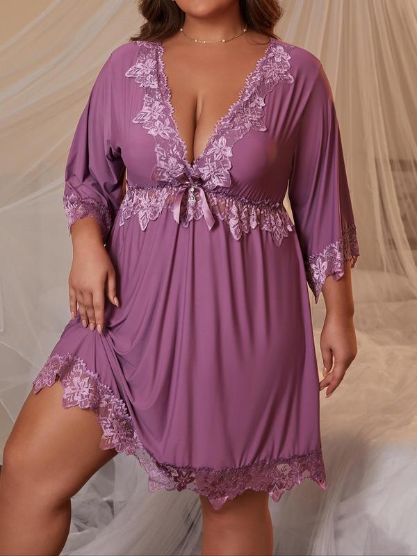  Floral Lace Bow Front Nightdress, Casual Soft Comfortable Deep V Neck 3 4 Sleeve Nightgown for Women, Women's Sleepwear for All Seasons