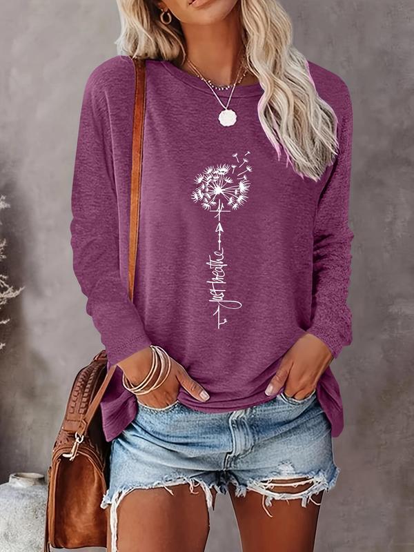 Women's Floral & Letter Print Crew Neck Tee, T Shirts for Women, Fashion Casual Long Sleeve T-shirt for Daily Outdoor Wear for Fall, Ladies Clothes for Spring & Fall, Back To School Outfit, Fall Outfits, Fallfreshness, Fall Gift