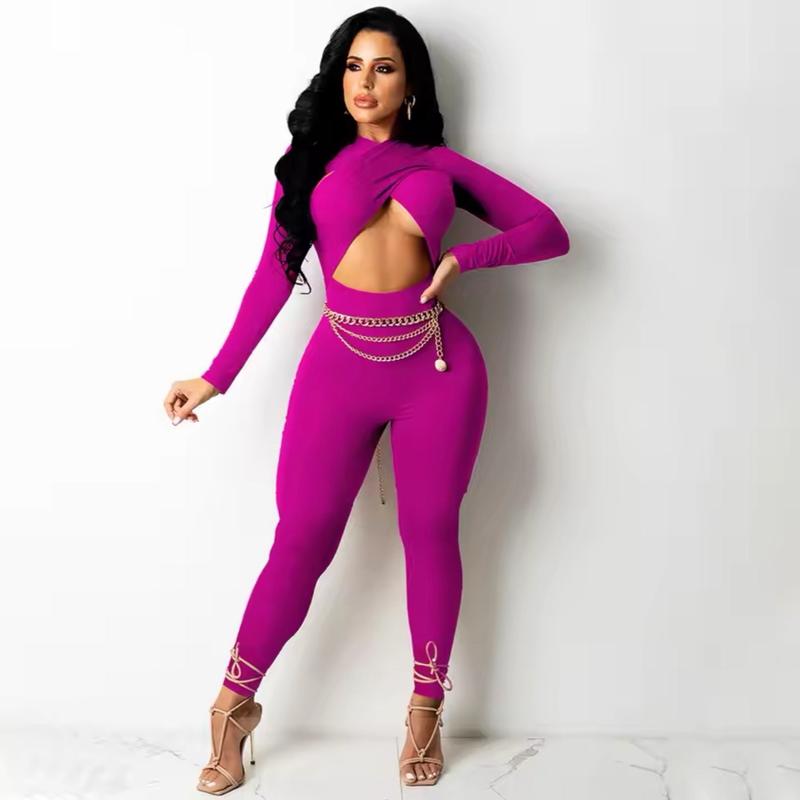 Sexy Women's Cross Strap Hollow out Jumpsuit Elegant Party High Waisted Jumpsuit Stretchy Bodysuits Long Sleeve Rompers