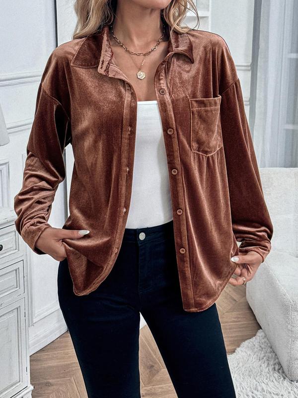 Women's Solid Button Front Drop Shoulder Velvet Shirt, Casual Long Sleeve Collared Top for Fall & Winter, Women's Clothes for Daily Wear