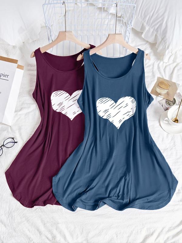  Heart Print Tank Nightdress, Casual Soft Comfortable Scoop Neck Sleeveless Nightgown for Women, Women's Sleepwear for All Seasons