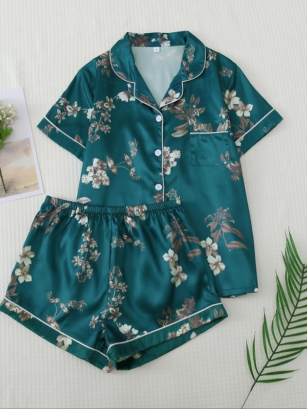 Two-Piece Set Women's Floral Print Pocket Soft Satin Pyjama Set, Summer Clothes Women, Casual Button Front Top & Elastic Waist Shorts, Women's Sleepwear for Summer