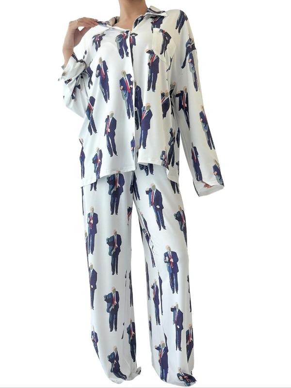 Women's Fruit Print Lapel Pocket Shirt & Elastic Waist Pants Pyjama, Casual Comfy Button Front Split Hem Drop Shoulder Top & Trousers Pj Set, Women's Sleepwear for Spring & Fall