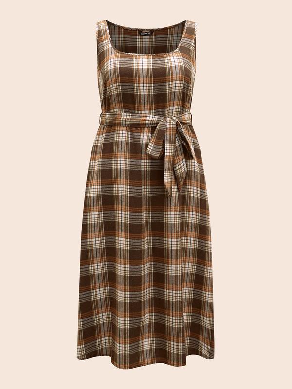 BloomChic Square Neck Plaid Belted Dress