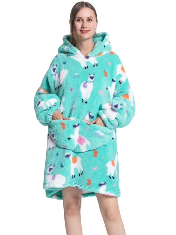 Women's Print Drop Shoulder Hooded Flannel Robe, Casual Long Sleeve Pocket Design Halloween Hooded Robe, Ladies Fall & Winter Sleepwear