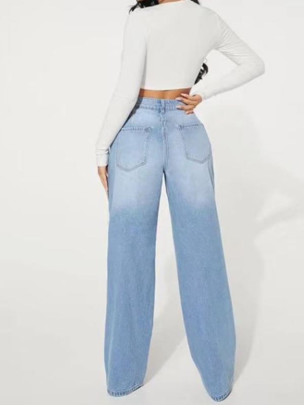 Women's Denim-Effect Print Ripped Wide Leg Pants, Casual Pocket Button Fly Trousers for Daily Wear, Ladies Bottoms for All Seasons