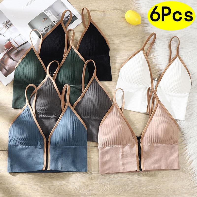 6Pcs Elegant Seamless Ribbed Wireless Cami Bralette - Comfy Push Up, Medium Support, Strapless, Polyester Lining, Machine Washable - Perfect for Adult Womens Lingerie & Underwear Fabric Womenswear Lady Comfort