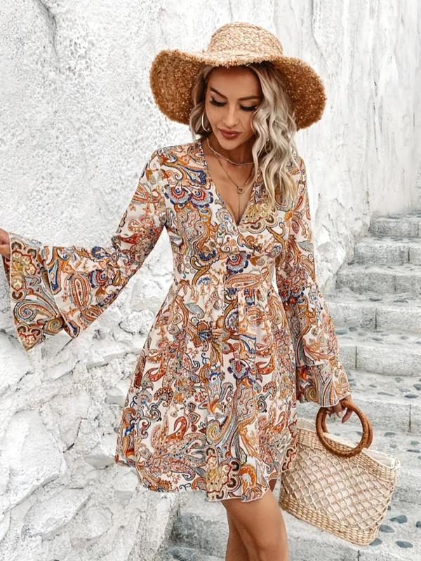 Women's Paisley Print Long Sleeve A Line Vintage Dress, Boho Layered Trumpet Sleeve Dress for Fall & Winter, Fall Dresses, Please Purchase A Size Up