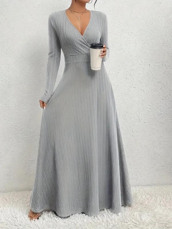  Solid Wrap V Neck A Line Dress, Elegant Long Sleeve Dress for Party Holiday Wedding Guest, Women's Clothes for Fall & Winter