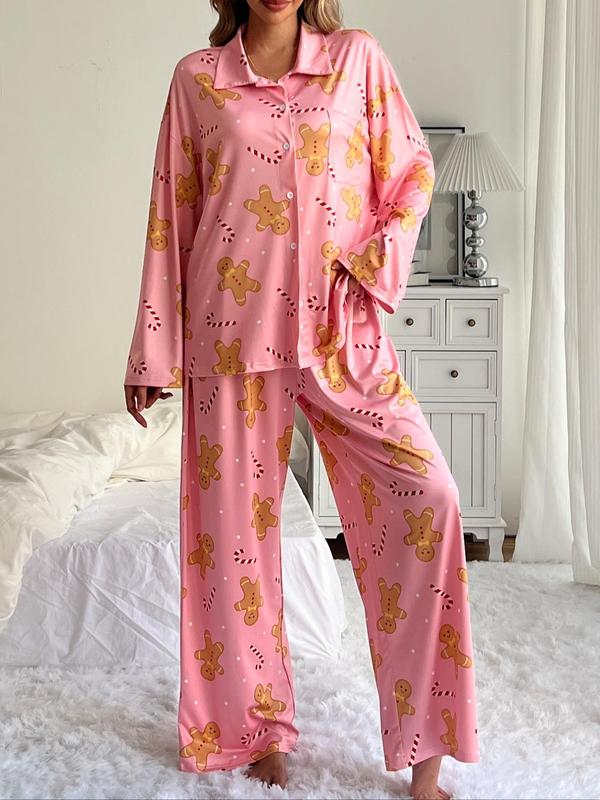 Women's Fruit Print Lapel Pocket Shirt & Elastic Waist Pants Pyjama, Casual Comfy Button Front Split Hem Drop Shoulder Top & Trousers Pj Set, Women's Sleepwear for Spring & Fall