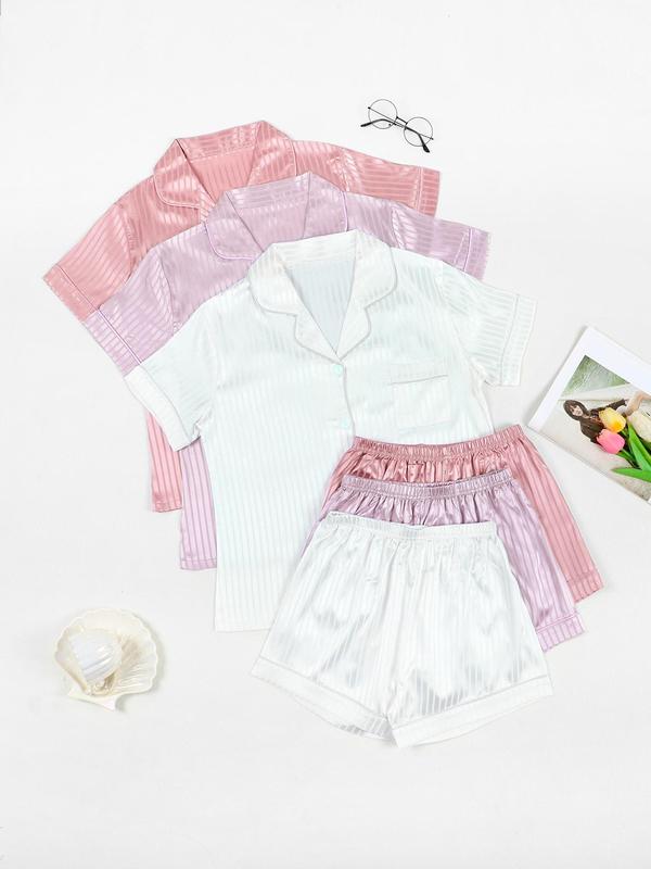 Women's Solid Color Lapel Neck Button Front Pocket Shirt & Elastic Waist Shorts Satin Pyjama Set, Casual Comfy Short Sleeve Top & Shorts Pj Set, Ladies Summer Sleepwear