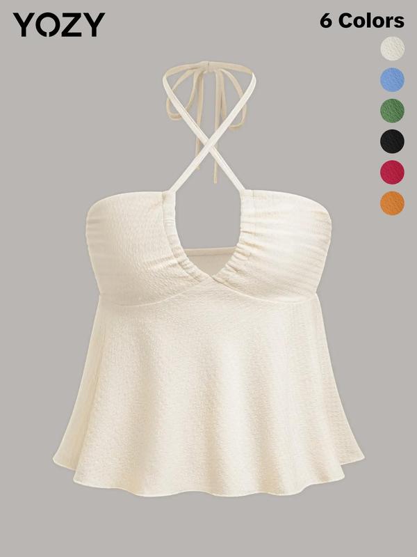 YOZY [6 colors, size 0 2-14] Textured Backless Ruched Halter Crop Top, Casual Solid Sleeveless Criss Cross Peplum Top, 2024 Women's Summer Outfits for Daily Wear