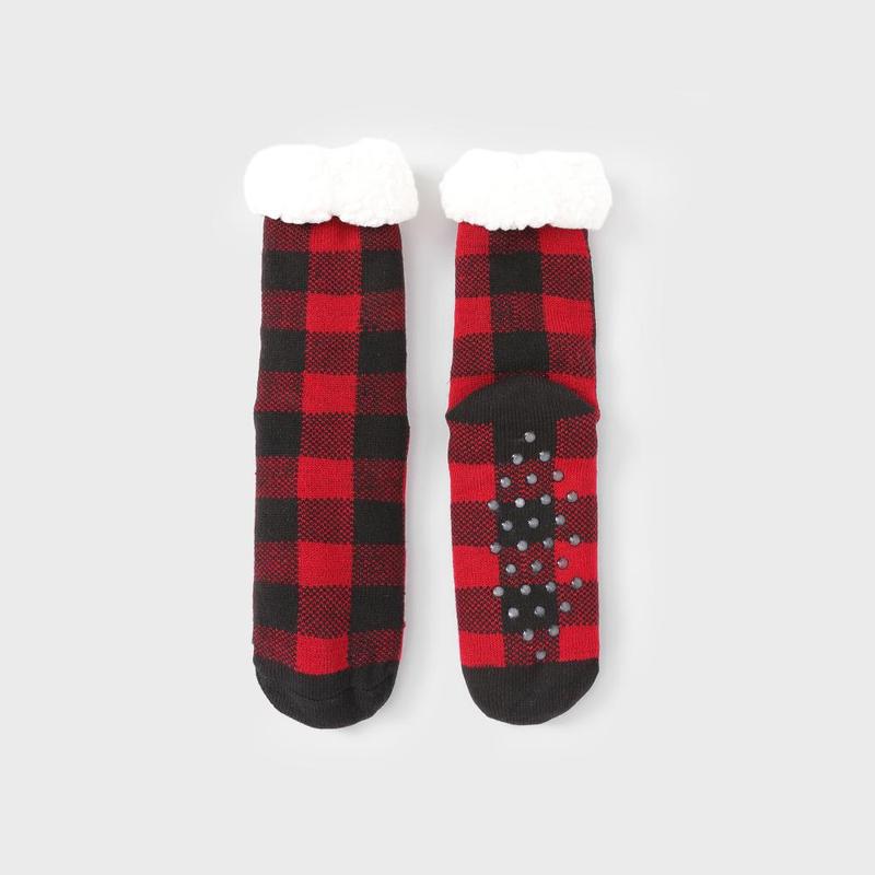 PatPat Christmas Socks Family Matching Red&Black Plaid Check Pattern Anti-Slip Floor Socks