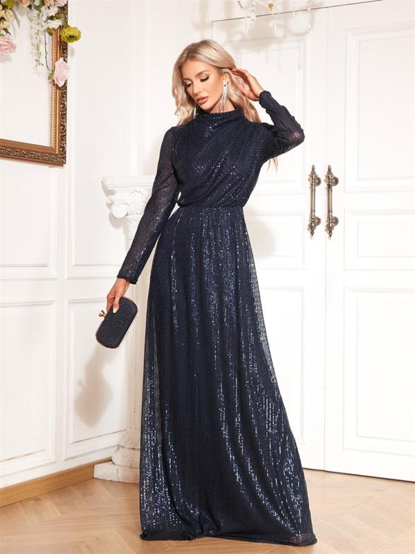 Women's Glitter Sequins Sheer Sleeve Mock Neck Maxi Evening Dress, Elegant Long Sleeve A Line Dress For Party Banquet Wedding Guest, Ladies Spring & Fall Clothes