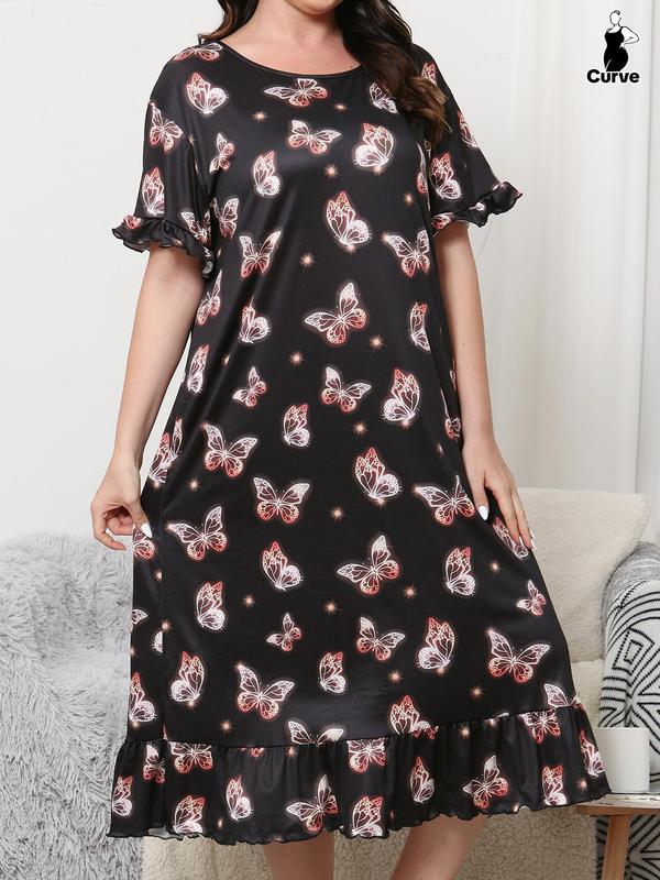 Plus Size All Over Print Ruffle Hem Nightdress, Casual Flounce Sleeve Round Neck Nightgown, Summer Clothes Women, Lady Summer Homewear