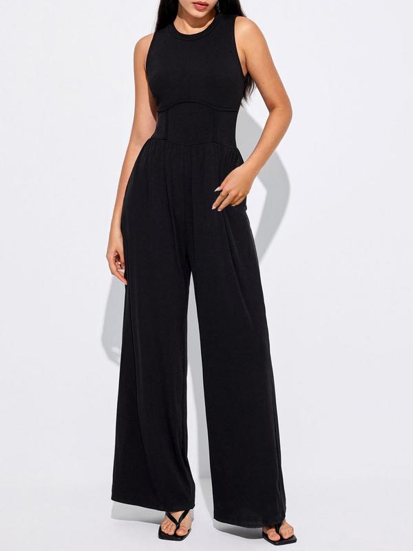 Women's Solid Round Neck Tank Jumpsuit, Casual Sleeveless Wide Leg Jumpsuit for Summer, Fashion Women's Clothing for Daily Wear, Jumpsuits for Women, Summer Outfits 2024, Holiday Outfits