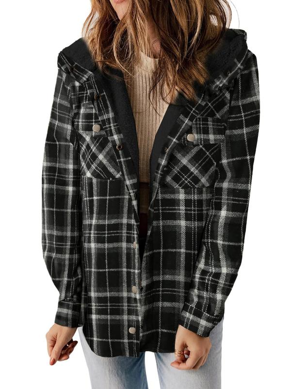 Women's Plaid Print Button Front Hooded Jacket, Casual Long Sleeve Pocket Outerwear for Spring & Fall, Ladies Clothes for Daily Wear