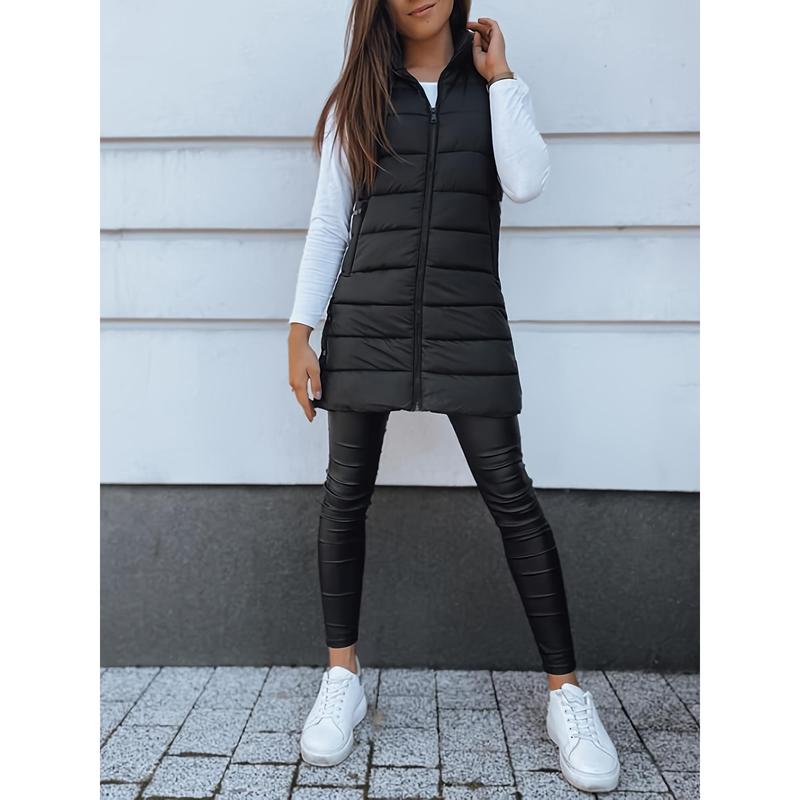 Zip Up Drawstring Hooded Puffer Vest, Casual Sleeveless Mid Length Winter Vest With Pocket, Women's Clothing