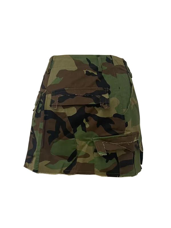 Women's Camo Print Button Pocket Cargo Skirt, Street Fashion Casual Raw Hem Short Skirt for Daily Outdoor Wear, Ladies Bottoms for Summer