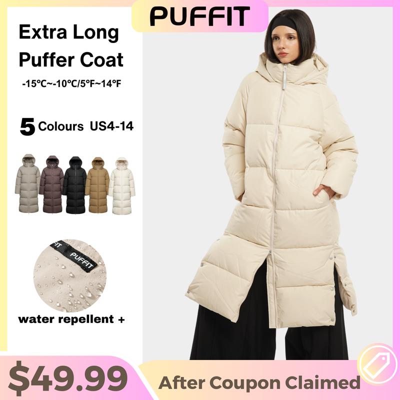 PUFFIT Extra Long Double-open Zip Hooded  Puffer Jacket Womenswear Coats, Thicken Warm Winter Coat for Women, Water Repellent,Two-Way Winter Coat