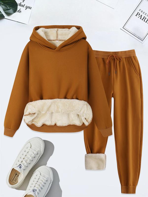 Women's  Thermal Lined   Solid Color Hoodie & Drawstring Waist Pants Two-piece Set, Casual Long Sleeve Hooded Sweatshirt & Pocket Trousers for Fall & Winter, Women's Clothes for Daily Wear