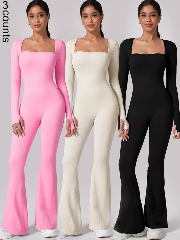 Women's Solid Square Neck Longsleeves Sports Jumpsuit, Casual Comfy Thumb Hole Design Flare Leg Jumpsuit for Yoga Gym Workout, Ladies Sportswear for Fall & Winter