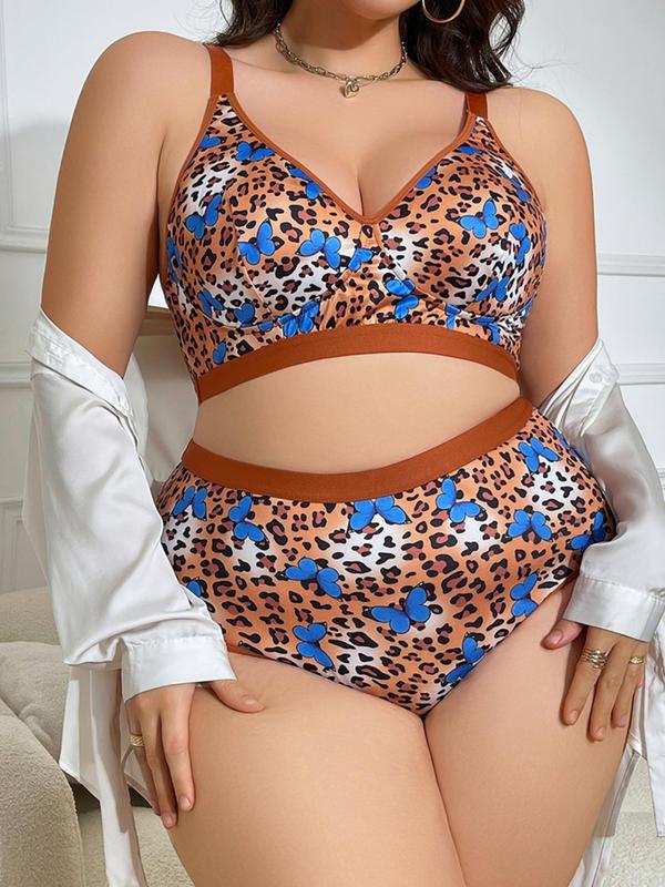  Two-piece Set Leopard Print Contrast Binding Bra & High Waist Panty Set, Casual Adjustable Strap Wireless Bra & Panty Set, Women's Underwear Set for All Seasons