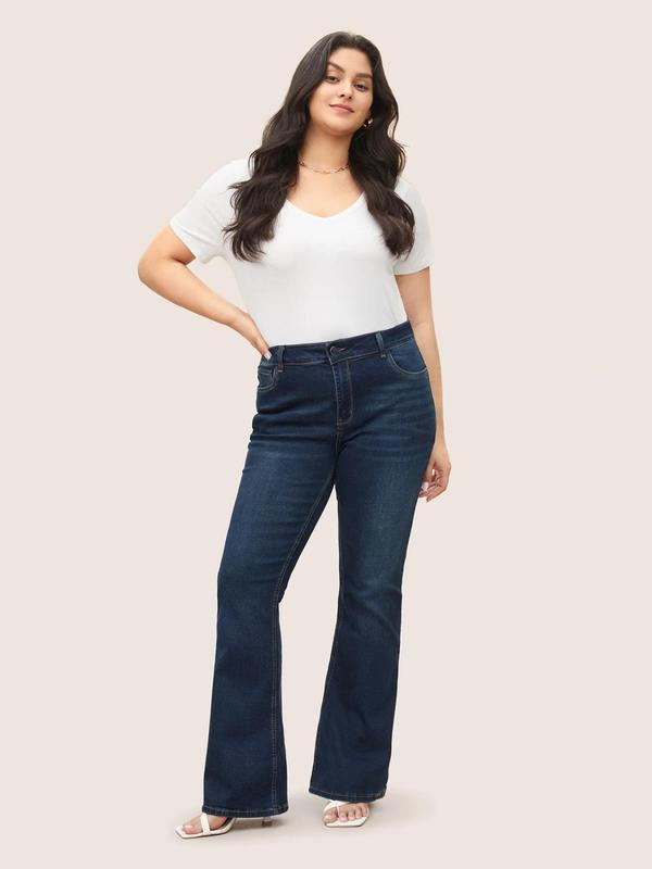  Solid Button Pocket Flare Leg Jeans, Casual Comfy Denim Jeans for Daily Wear, Women's Bottoms for All Seasons