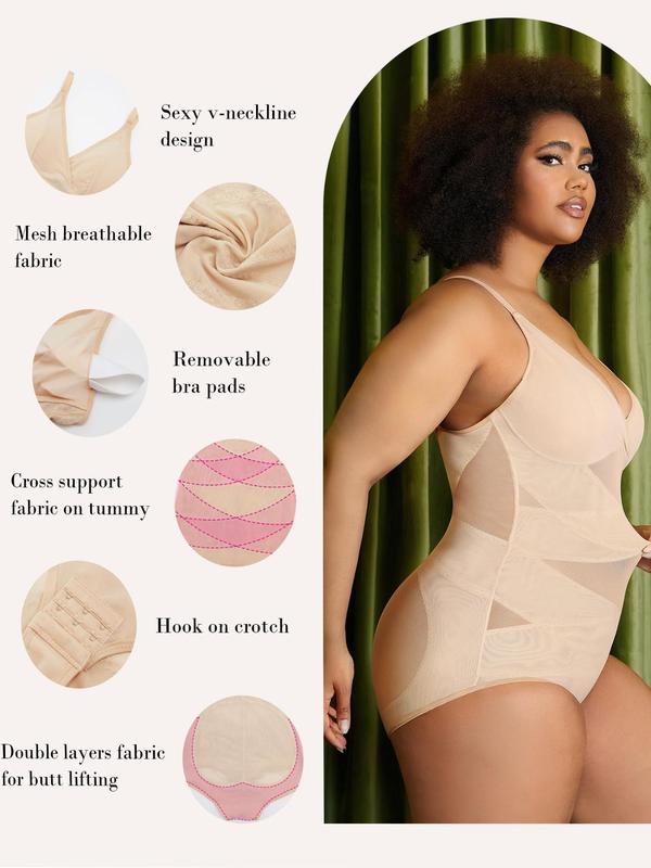 Plus Size Contrast Mesh Sheer Shapewear Bodysuit, Adjustable Strap High Stretch Shaper, Tummy Control Butt Lifter, Women's Shapewear for All Seasons