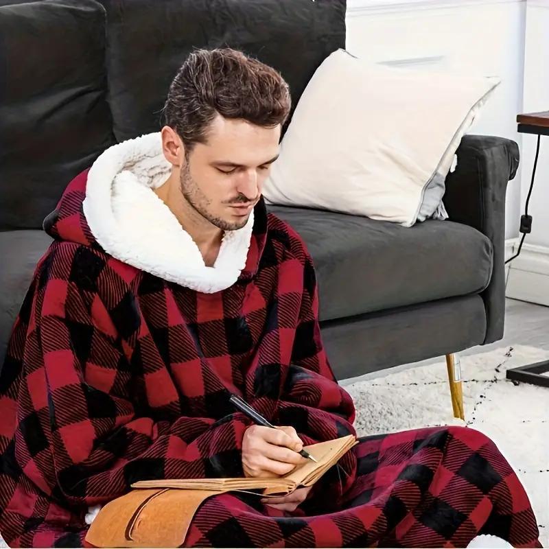 Long Thick Blanket Hooded Sweatshirt Pajamas, 1 Count Casual Warm Lamb Wool Pullover, TV Blanket, Wearable Blanket for Home, Bedroom, Living Room, Stocking Fillers Gift