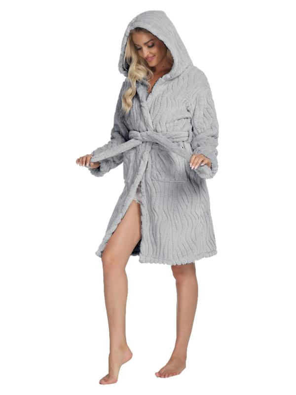 Women's Solid Belted Hooded Lounge Robe, Casual Long Sleeve Pocket Design Thickened Robe for Fall & Winter, Women's Loungewear for Indoor Wear