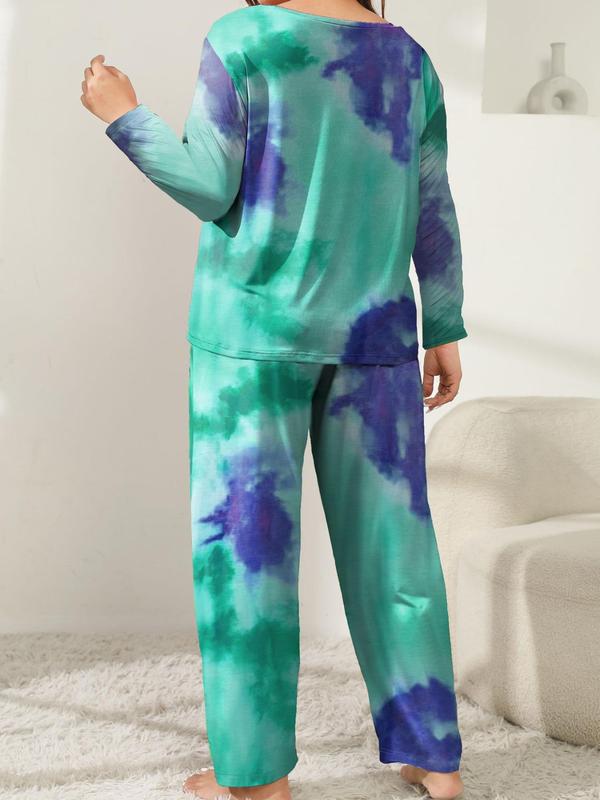  Tie Dye Print Tee & Pants Loungewear Set, Casual Comfy Round Neck Long Sleeve Top & Trousers PJ Set, Women's Sleepwear for Spring & Fall