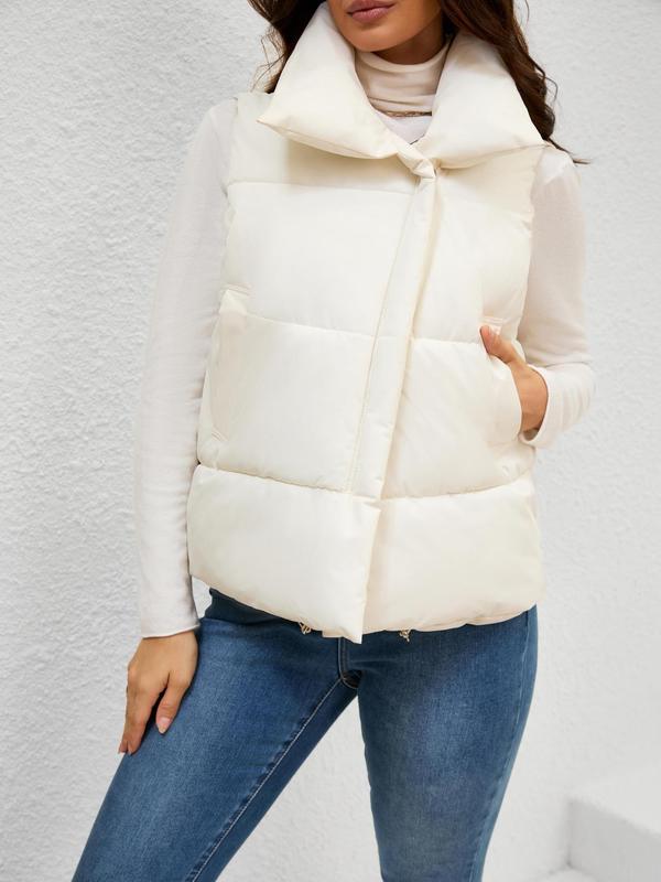 Women's Plain Zip Up Winter Warmer Oversized Puffer Vest, Casual Pocket Drawstring Sleeveless Outerwear For Daily Wear, Ladies Winter Clothes