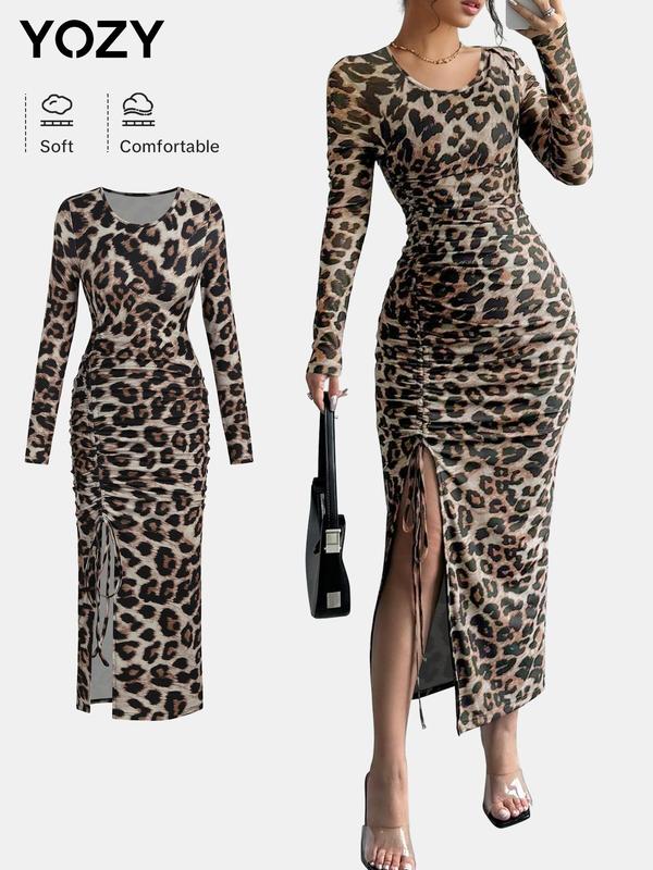 YOZY Women's Leopard Print Ruched Drawstring Split Thigh Bodycon Dress, Fashion Casual Long Sleeve Dress for Daily Outdoor Wear, Ladies Clothes for All Seasons