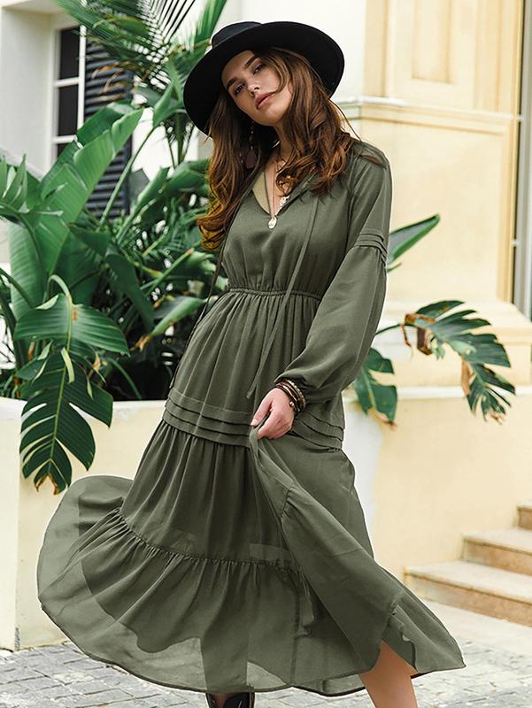 Women's Casual Basic Lantern Sleeve Tie V-neck Ruffle Hem Dress, Lady Comfort Minimalist Solid Tiered Milkmaid Dress, Vintage Girly Country Girl Clothes Summer Dresses 2024, Baddie Outfits for School, Womenswear Christmas