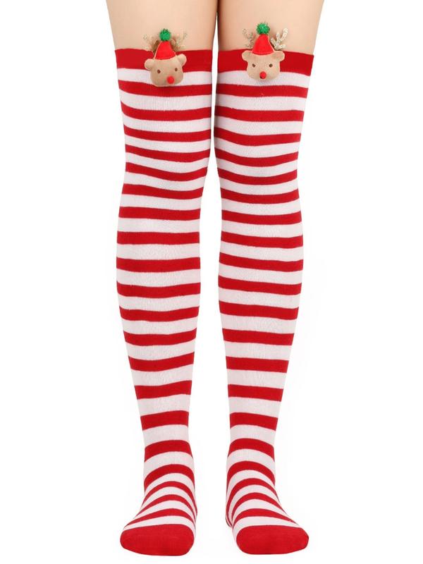 4 Pairs Christmas High Thigh Socks Women's Plain Striped Print Over The Knee Socks, Casual Comfy Breathable Halloween Pumpkin Decor High Stretch Socks for Holiday Party, Ladies Socks for Fall & Winter