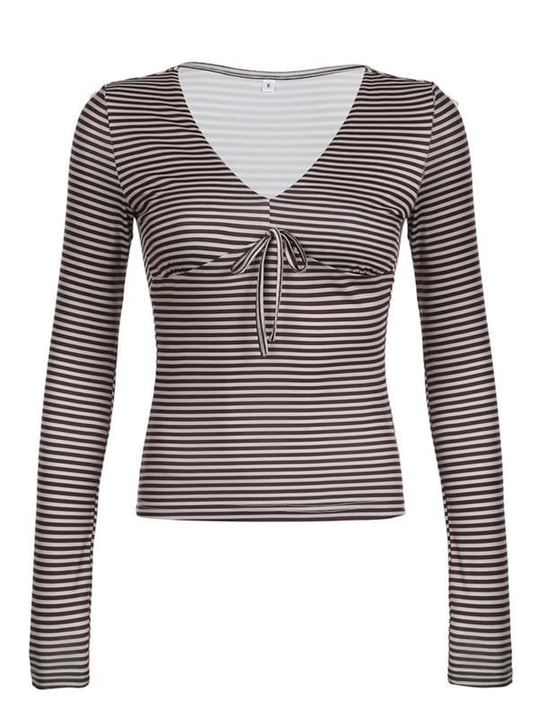 Women's Striped Print Bow Front V Neck Skinny Tee, Casual Long Sleeve T-Shirt for Daily Wear, Ladies Clothes for All Seasons