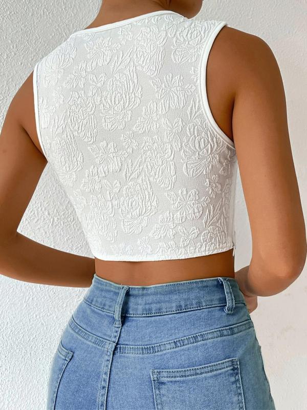 Women's Floral Jacquard Crop Tank Top, Elegant Round Neck Sleeveless Cropped Top for Summer, Tank Tops for Women, Fashion Women's Top for Beach Holiday Vacation Back To School